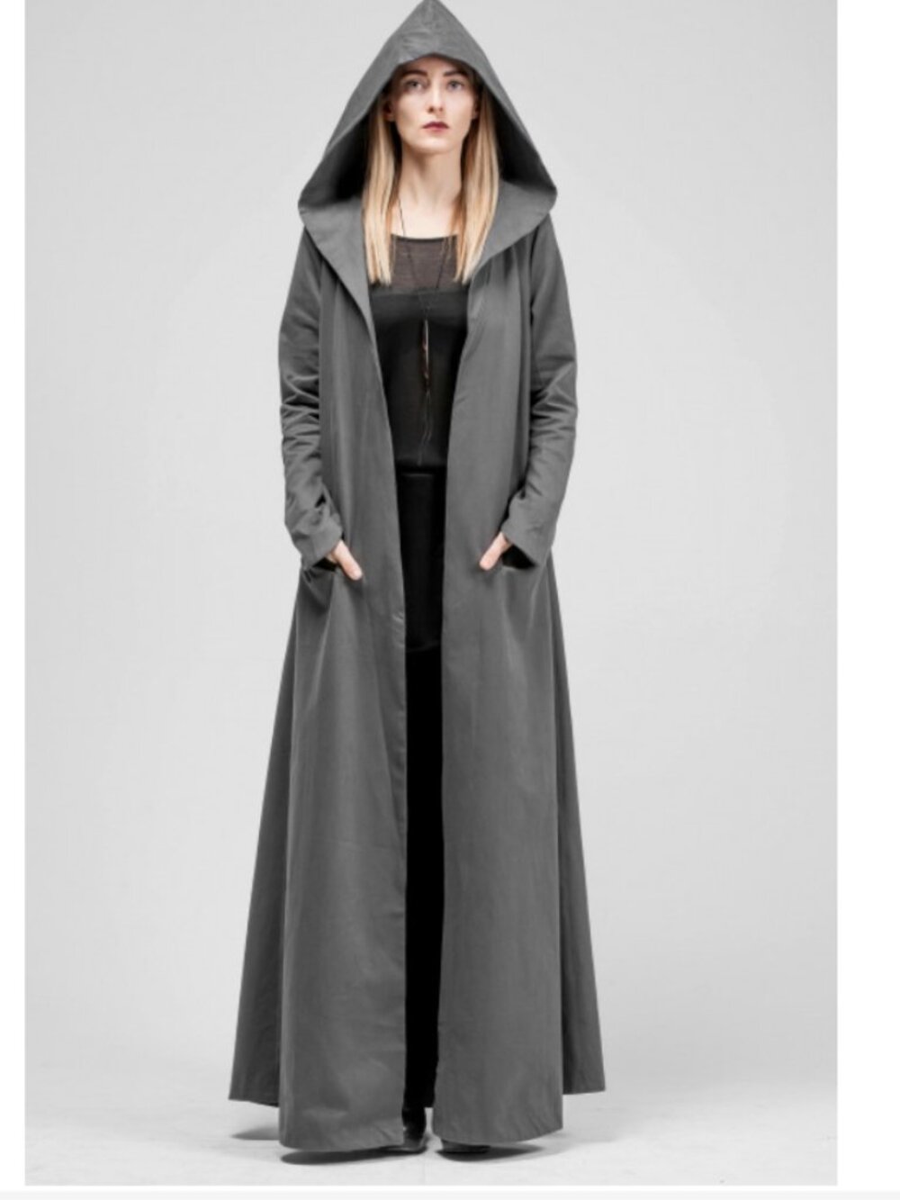 Sisters of the Black Moon Skogr Black Boiled Wool Hooded Maxi Coat M